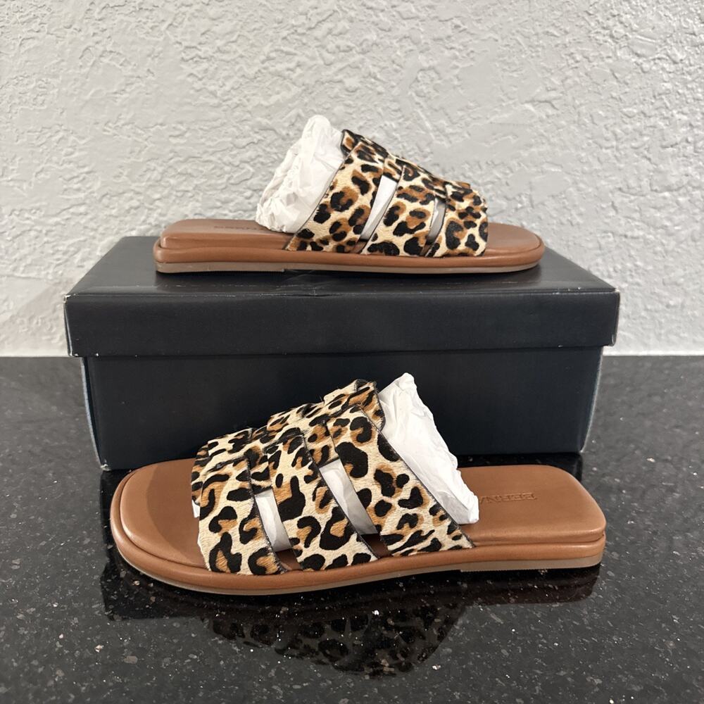 Bernardo Womens Tamer Haircalf Sandals US 7M Cream Brown Leopard Print Leather